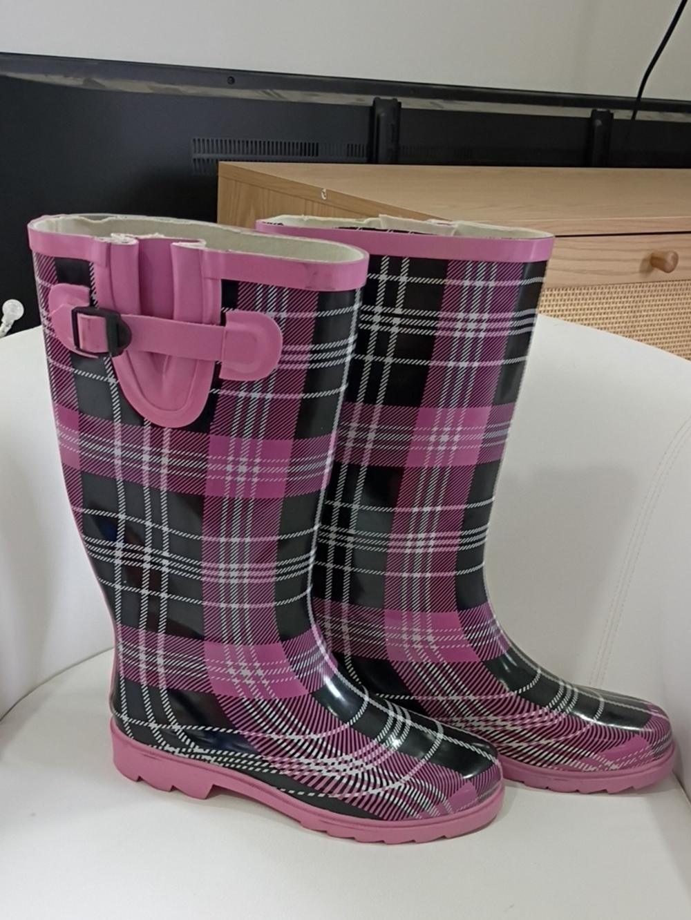 Women's Pink Plaid Rain Boots